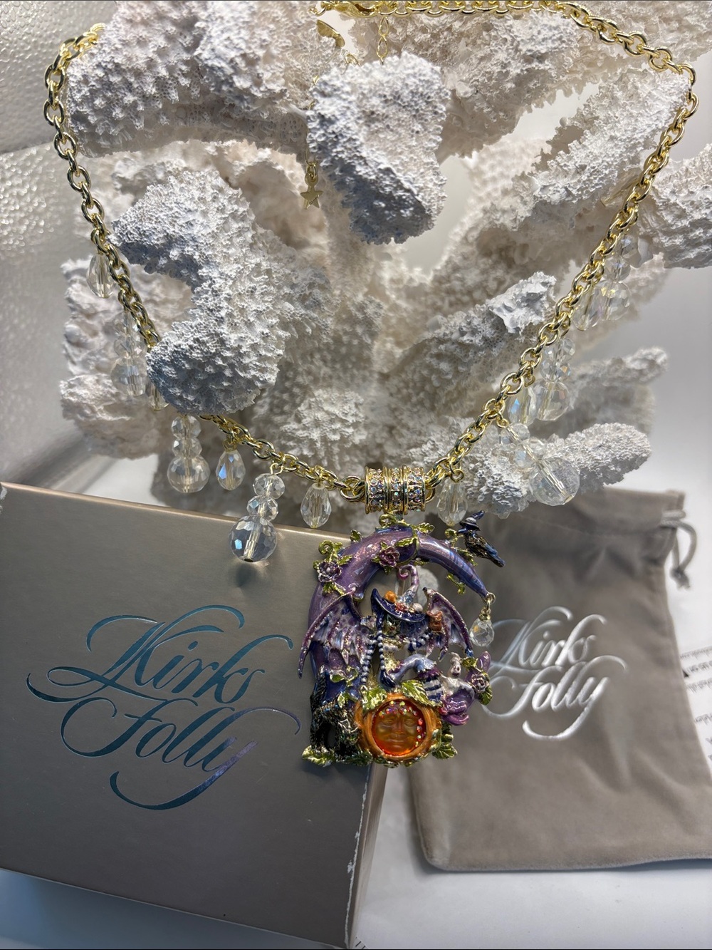 Kirks Folly Purple and Gold Witch Pendant Necklace with Crystal Drops
